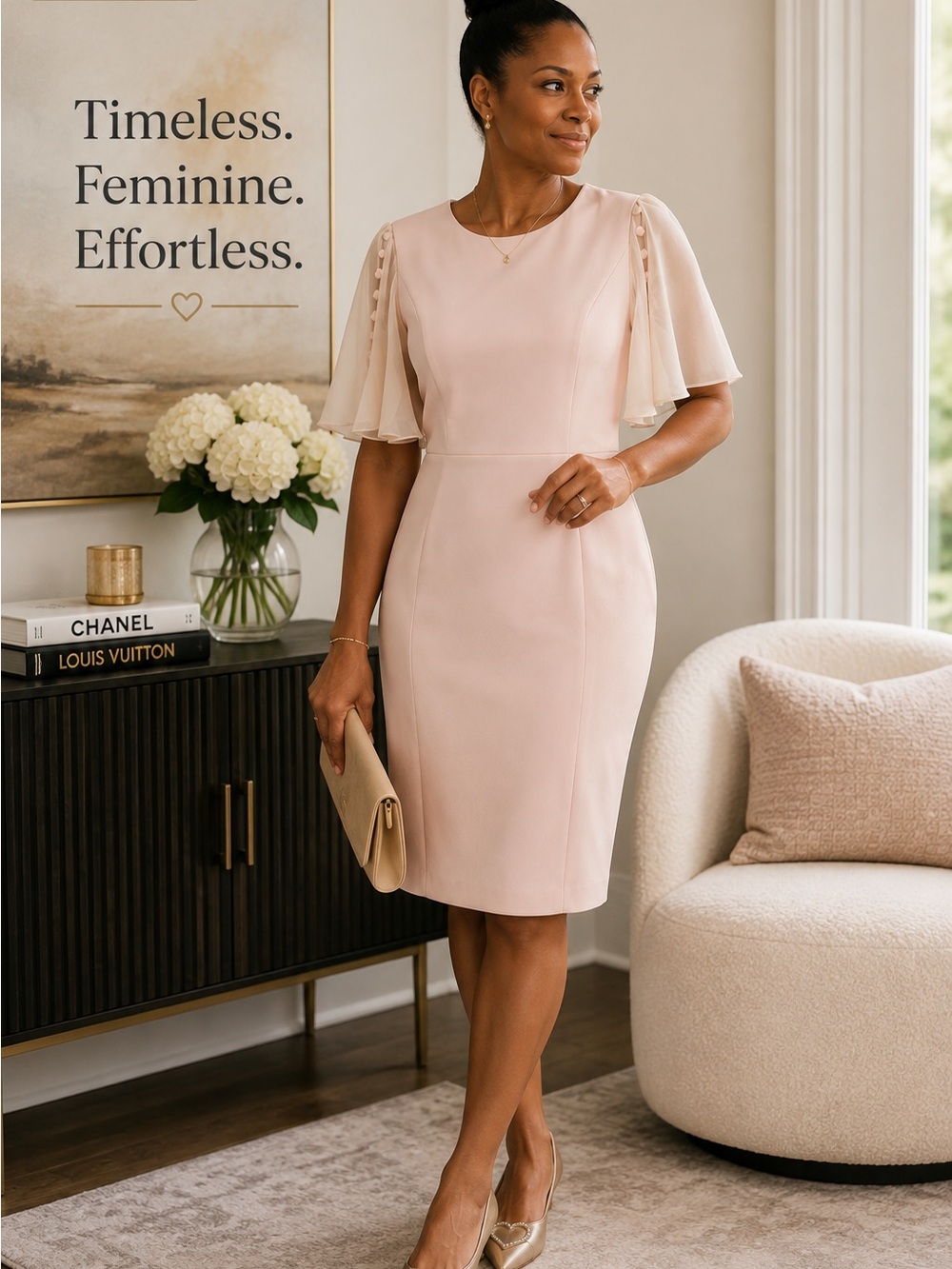 Calvin Klein Blush Pink Sheer Flutter Sleeve Sheath Dress Size 8 NWT